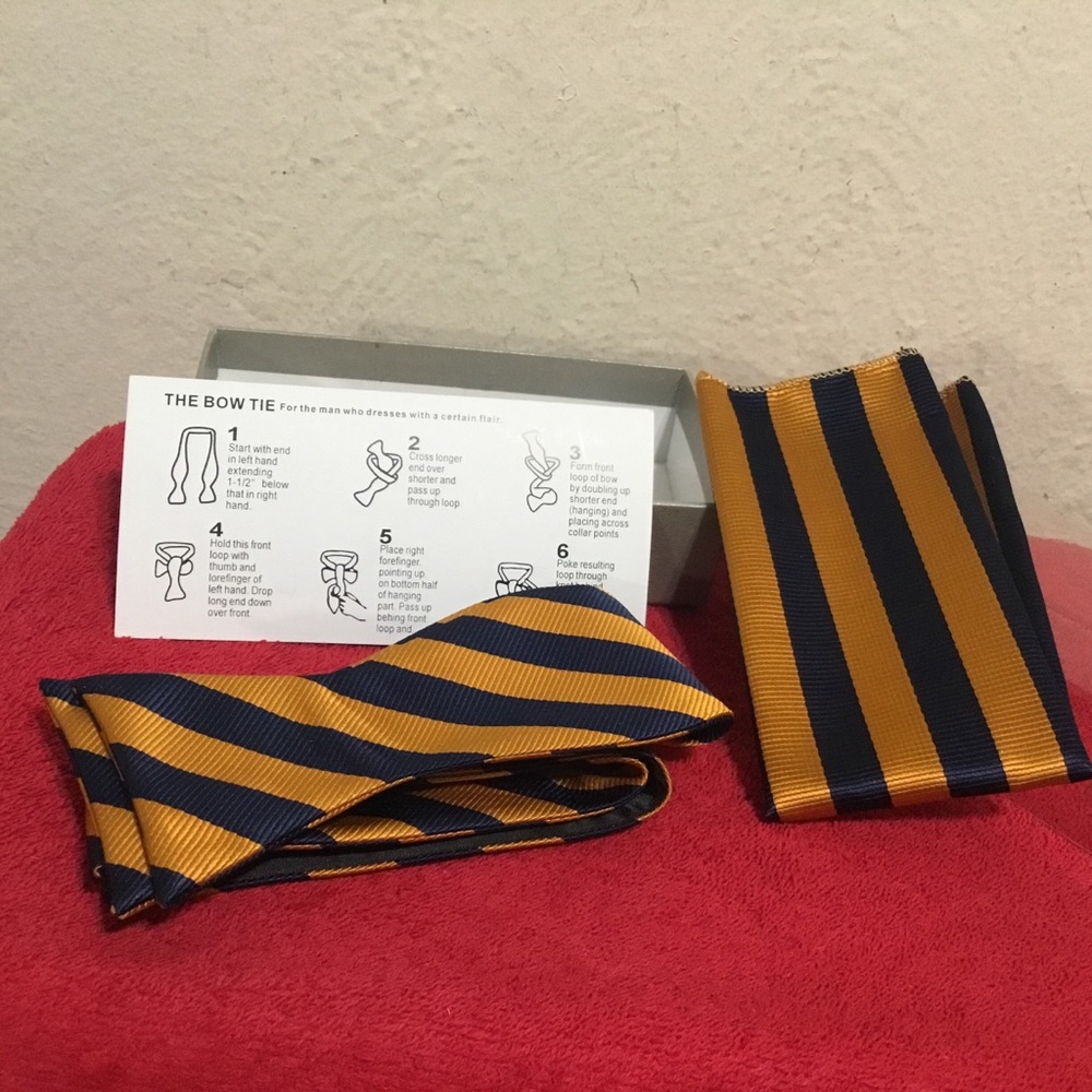 NEW Blue & Gold self tie Bow Tie & pocket Square
